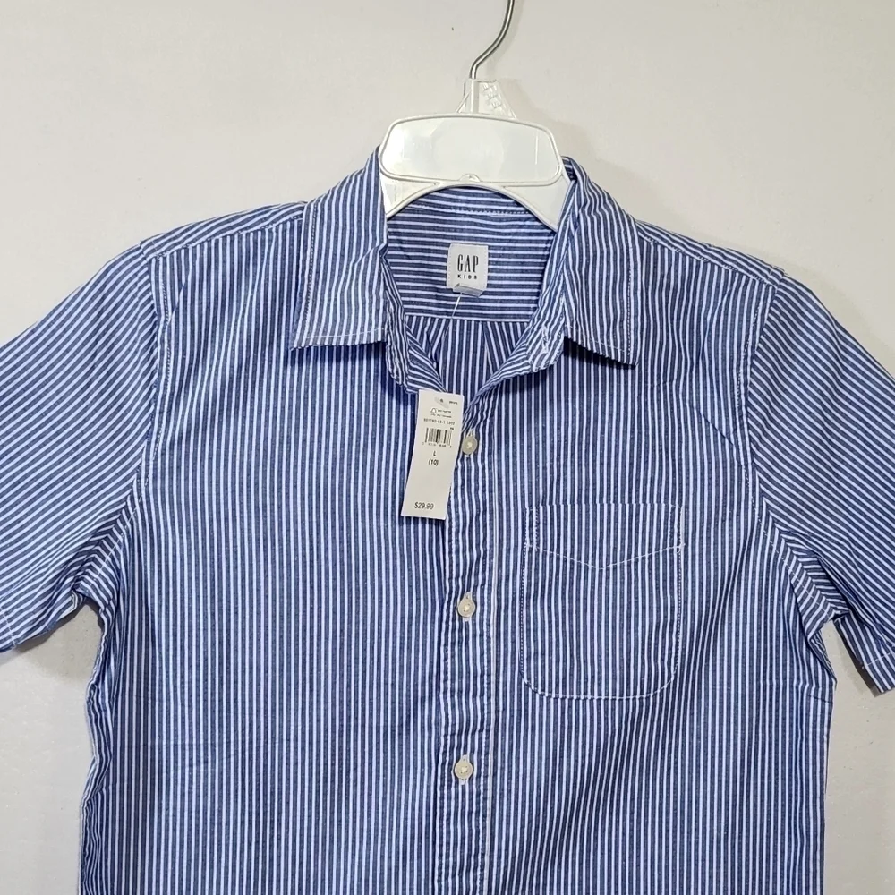 Gap Boys Size 10 Oxford Blue Strip Short Sleeve Collard Button Down Pocket Shirt